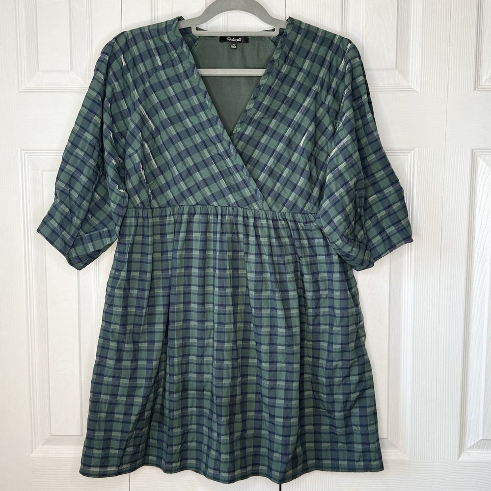 Madewell Marianna Plaid Puff Sleeve Mini Dress Green Faux Wrap Womens XS Pockets